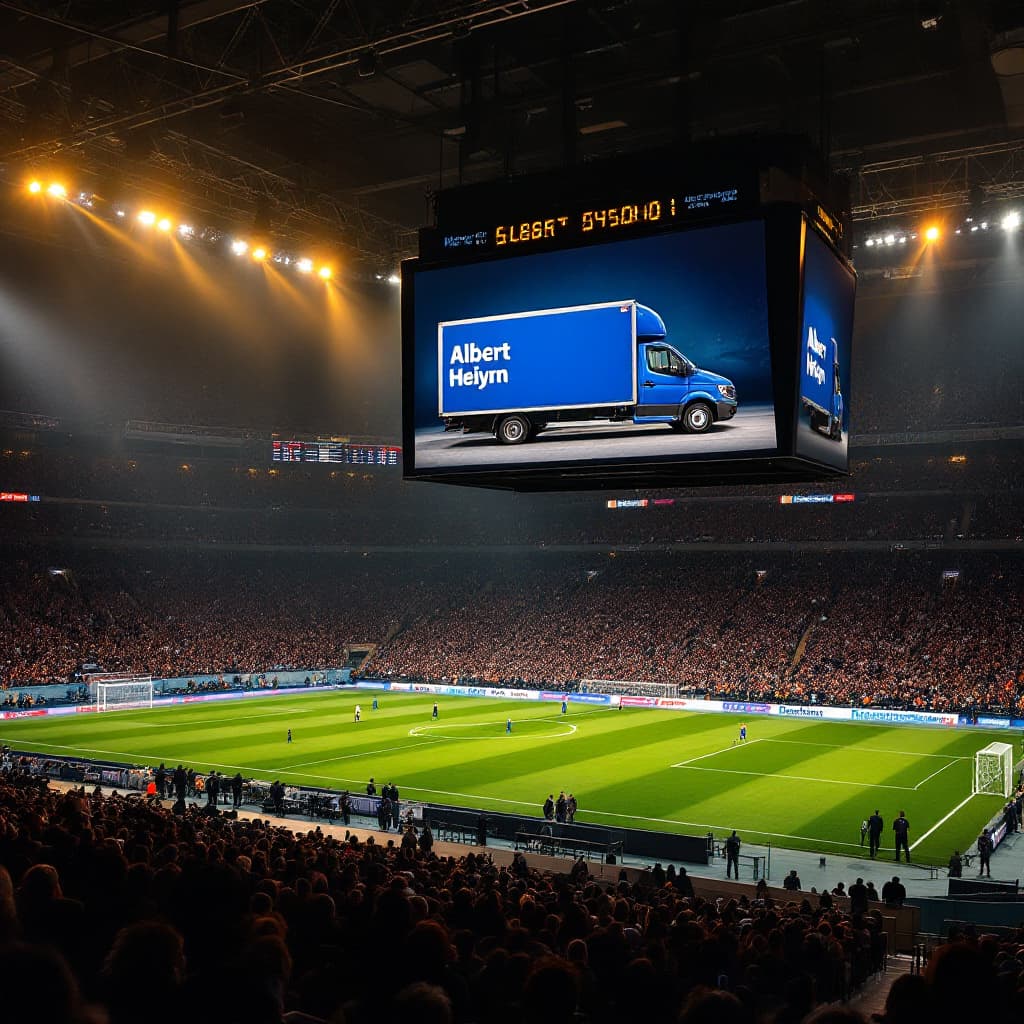 AI generated: A large, digital scoreboard in a the Merkur Spiel-Arena shows a AD of a Volkswagen Crafter box truck...