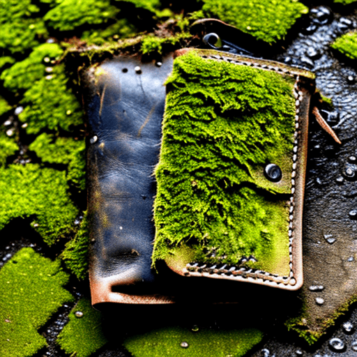 AI generated: The inside of an abandoned wet leather wallet on a mossy pavement. Style: goth