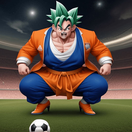 AI generated: perro gordo con traje de goku jugando futbol en espacio