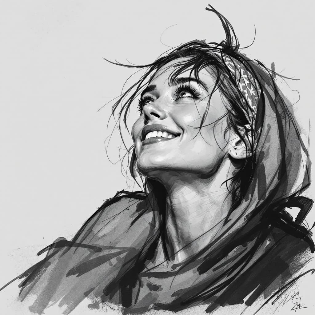 AI generated: Attractive woman, 30s, charcoal sketch, expressive, looking slightly up, wearing a little scarf on h...