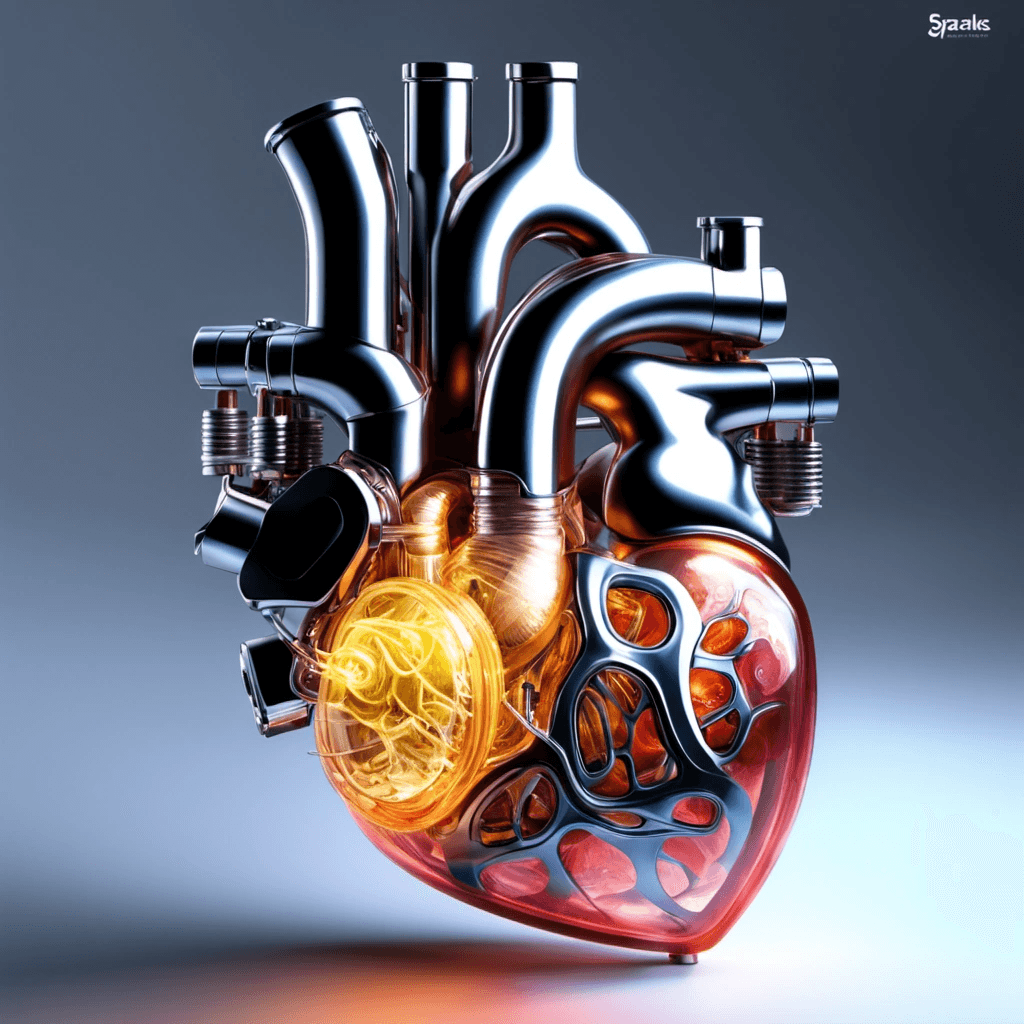 AI generated: Artificial heart, wires, tubes, hive, hyper realistic, 8k, hyper detailed, sparks, glow, vibrant col...