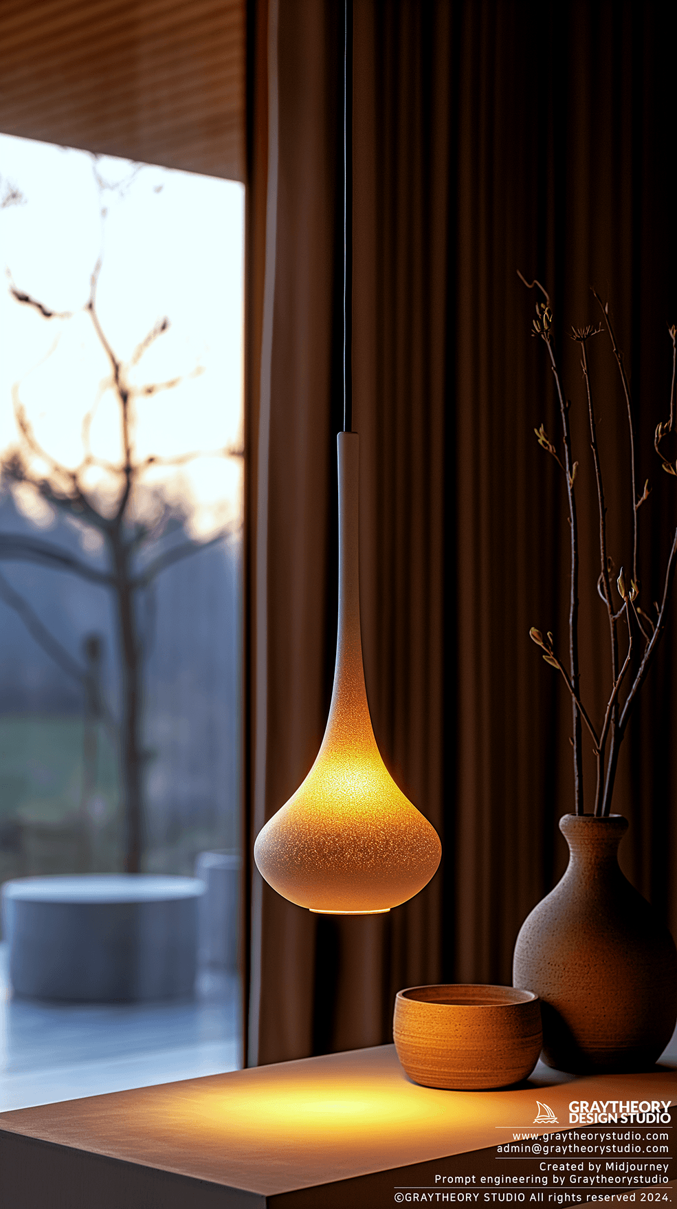 AI generated: Photograph, modern pendant light, eggshell white finish, over a rectangular soild white box, complem...