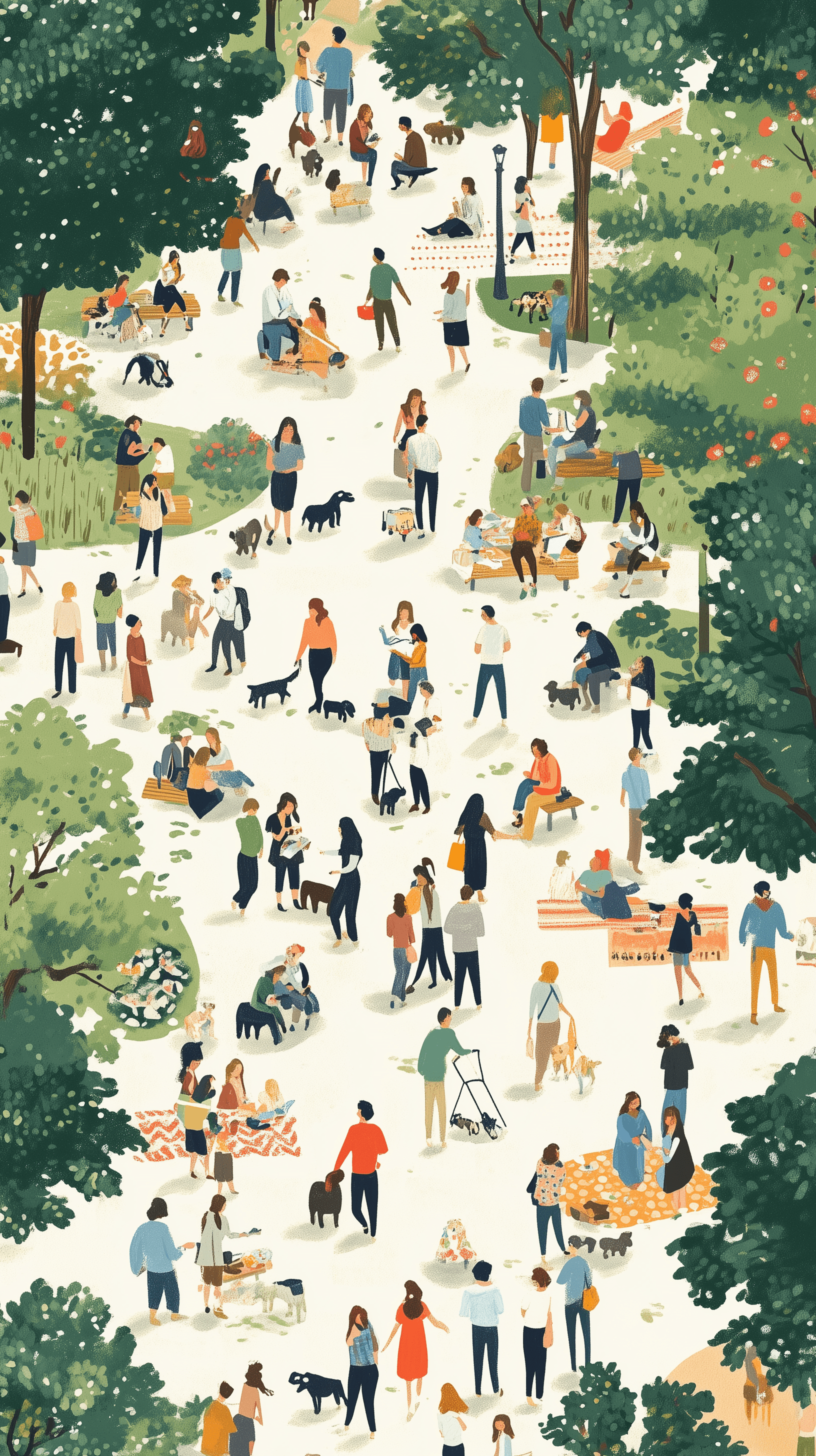 AI generated: image of a bustling urban park scene viewed from above, diverse groups of people engaged in various ...