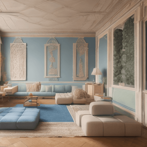 AI generated: High resolution photography interior design, dreamy sunken living room conversation pit, wooden floo...