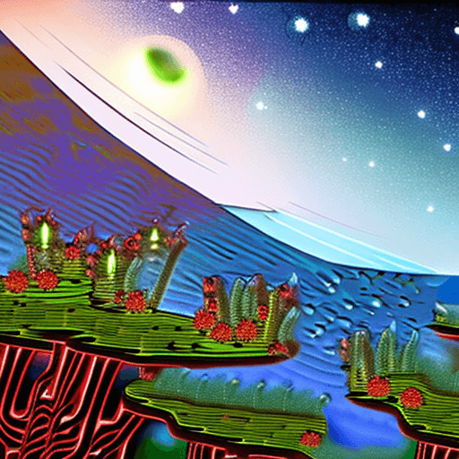 AI generated: Picture an otherworldly city on an alien planet, embraced by towering, bioluminescent mountains. Moo...