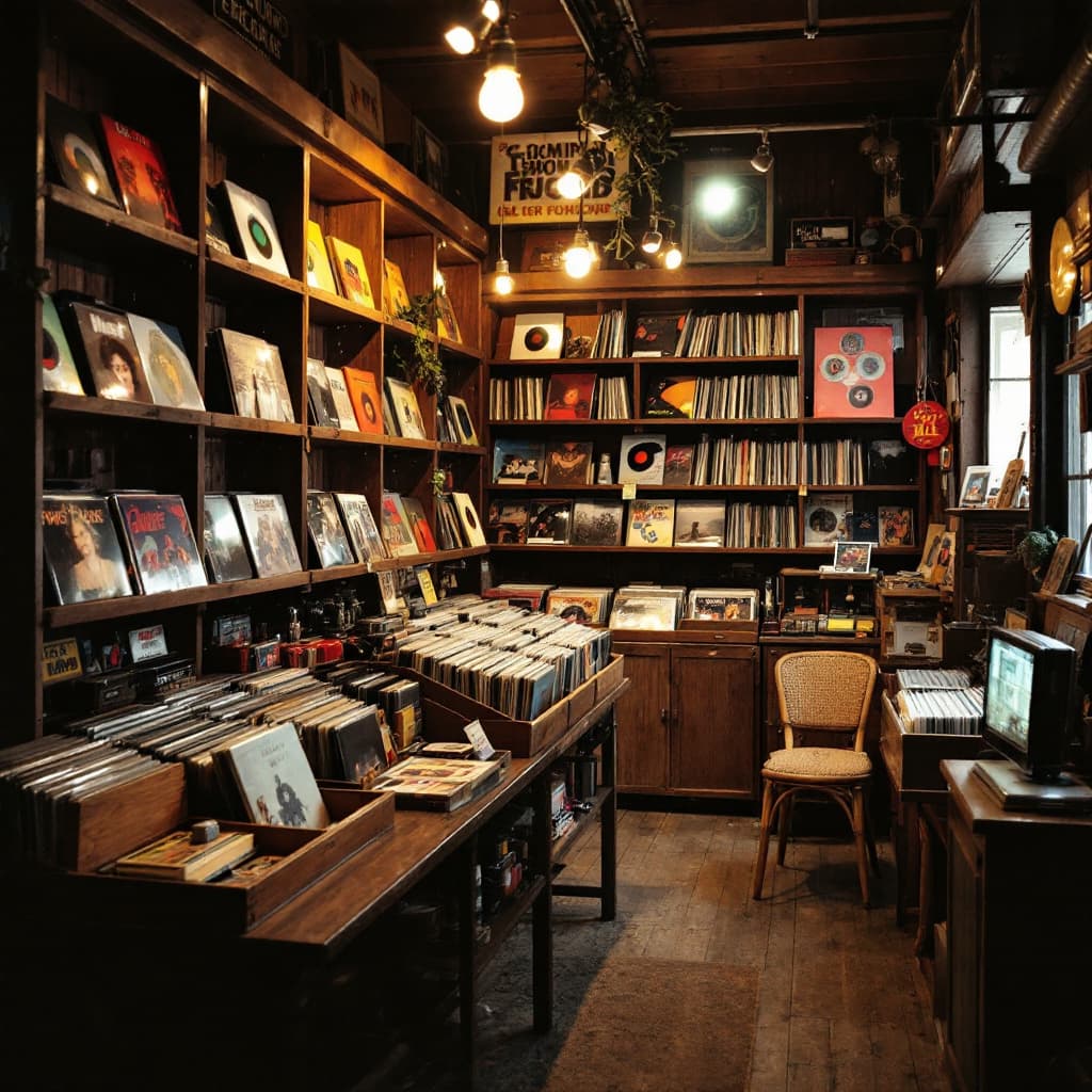 AI generated: “A cozy record store interior with wooden shelves lined with hundreds of colorful vinyl album covers...