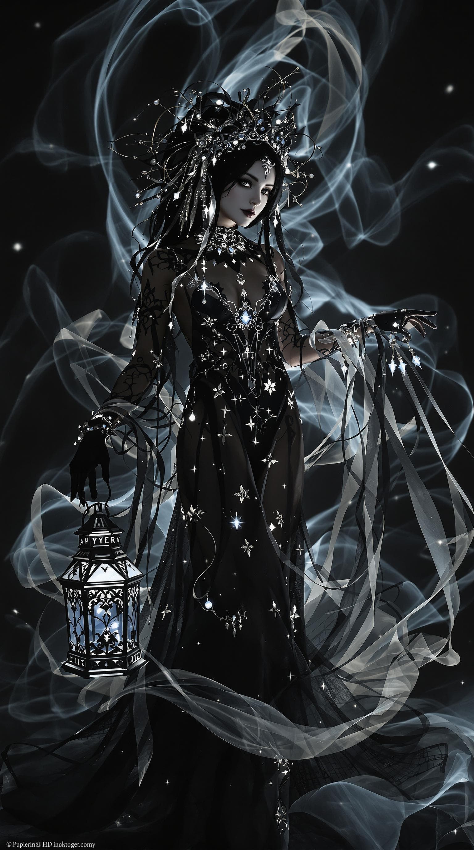 AI generated: An ultra-realistic, full-body portrait of a captivating shadow puppeteer woman, radiating ethereal g...