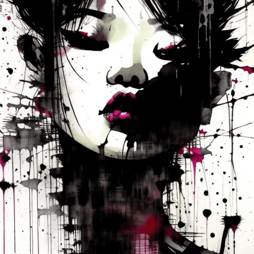AI generated: aesthetic, painterly style, modern ink, Asian girl, sensual, sultry, dark blouse, expressive pose, u...