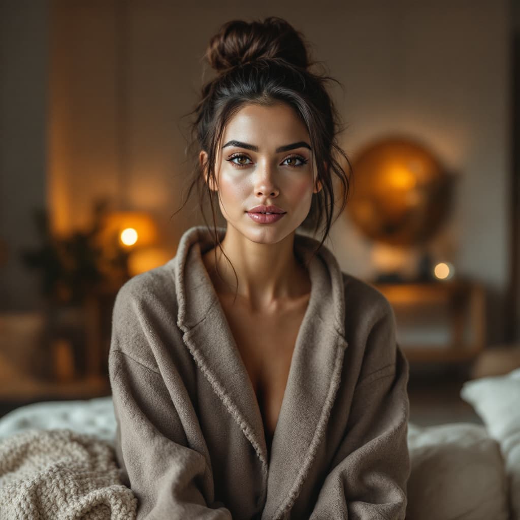 AI generated: A 31-year-old woman with olive skin and rich dark brown hair in a sleek bun, wearing a cozy cashmere...