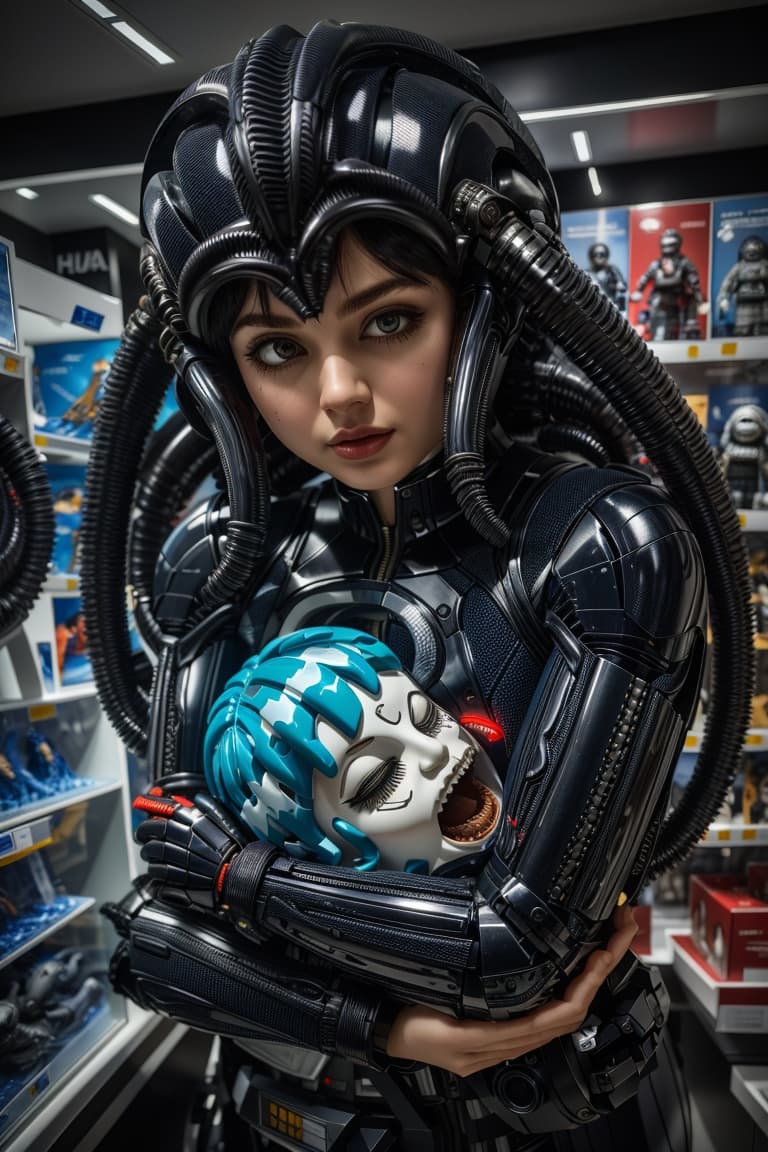 AI generated: HR giger's Xenomorph from the movie Alien hugging a lovely woman, very scary, intense, full size ali...