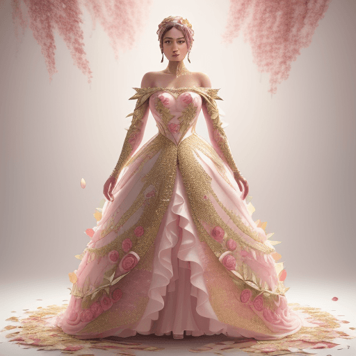 AI generated: A full body photorealistic beautiful dress made entirely of leaves with pink apple texture, rose pat...