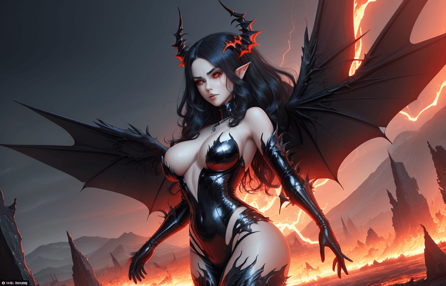 AI generated: The scene will depict a seductive succubus in the infernal world, surrounded by a dark, fiery landsc...
