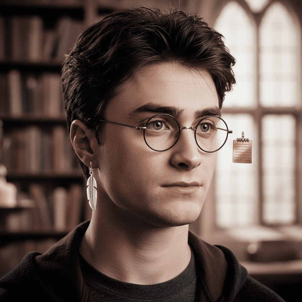 AI generated: harry potter, one piece of metal feather pen silver color earring, one piece of retangular note gold...