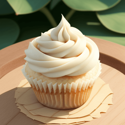 AI generated: a vanilla cupcake on a   have leaves chip on it,
wooden table,