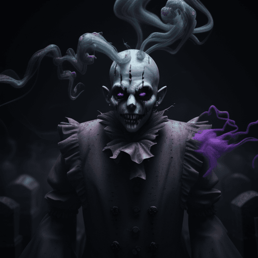 AI generated: 3d render, jester hat in head smoke swirling horror court jester dripping plasma, disintegrating, gh...