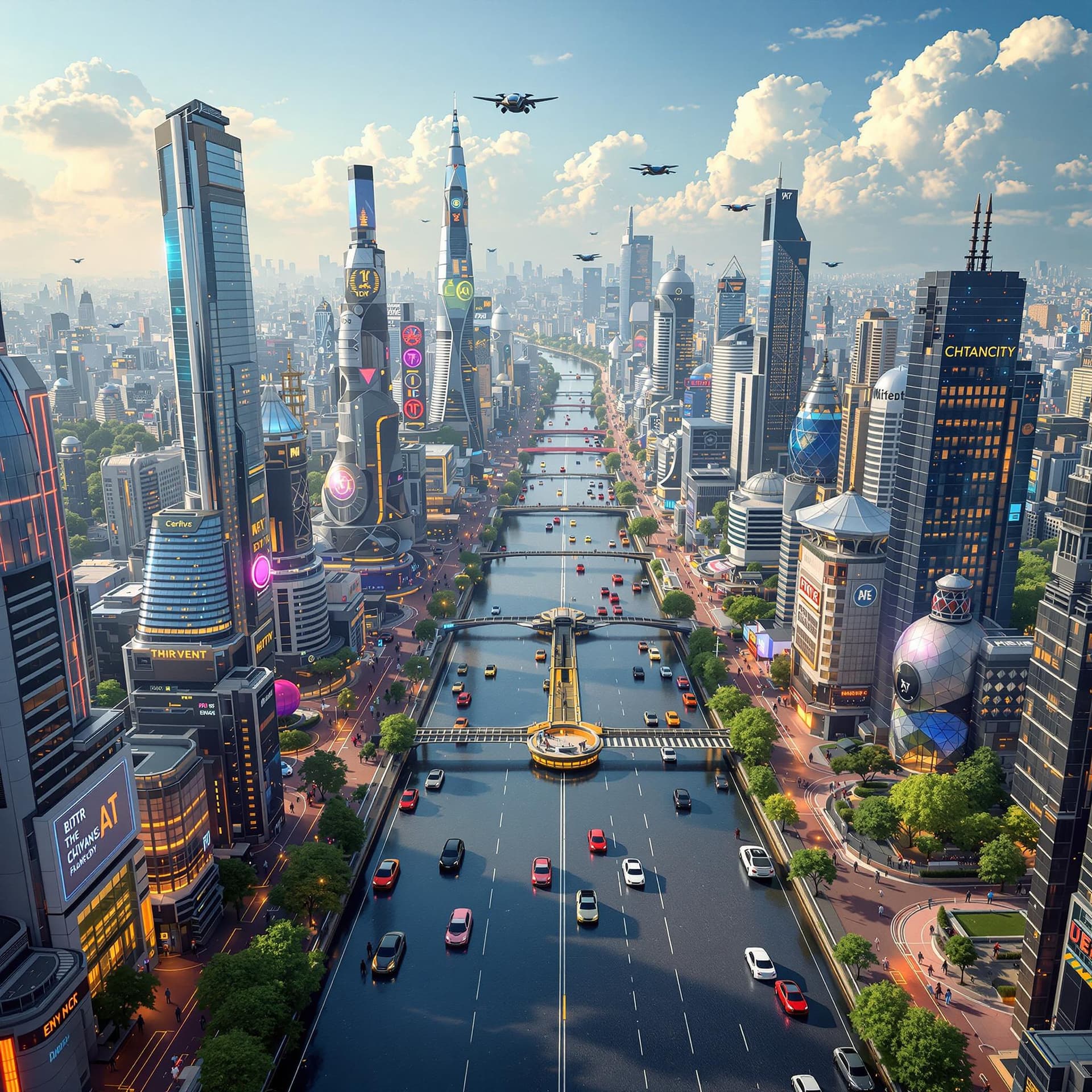 AI generated: Create photorealistic image of a vibrant and buzzy smart city that can be generated through AI with ...