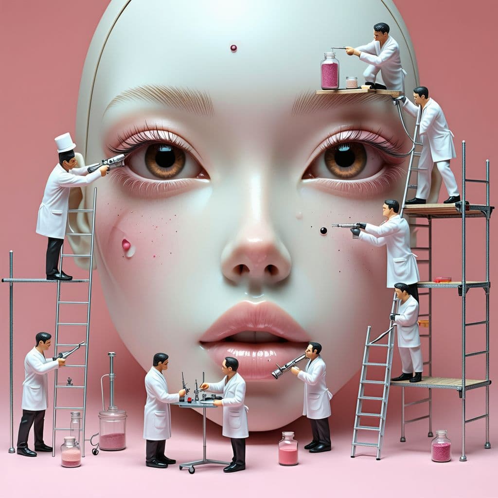 AI generated: Create a Real Eye of a Model Face - A real photo of numerous tiny people, reminiscent of midgets, pe...