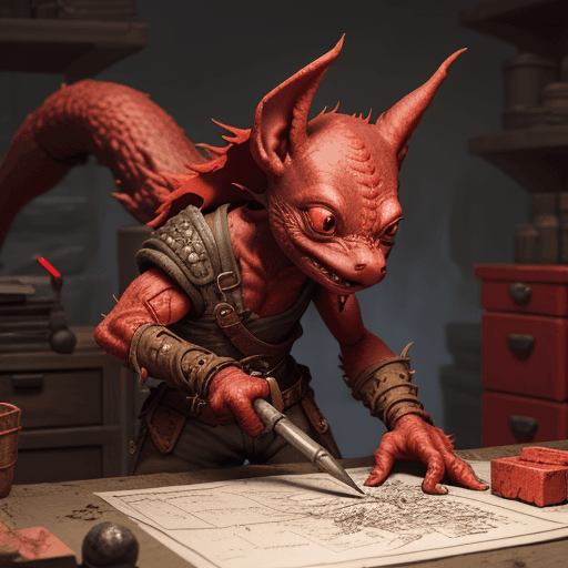 AI generated: DnD, red, kobold, male, short, messy, dirty, holding tools, fantasy, detailed