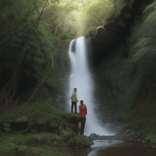 AI generated: bts en el bosque con una cascada en el centro