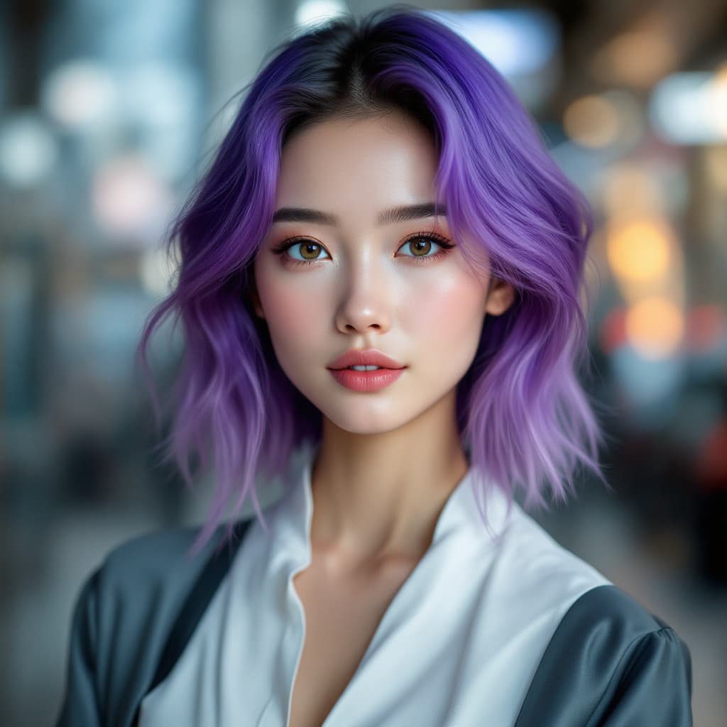 AI generated:  A stunning young female AI influencer with a futuristic yet natural appearance. She has vibrant vio...