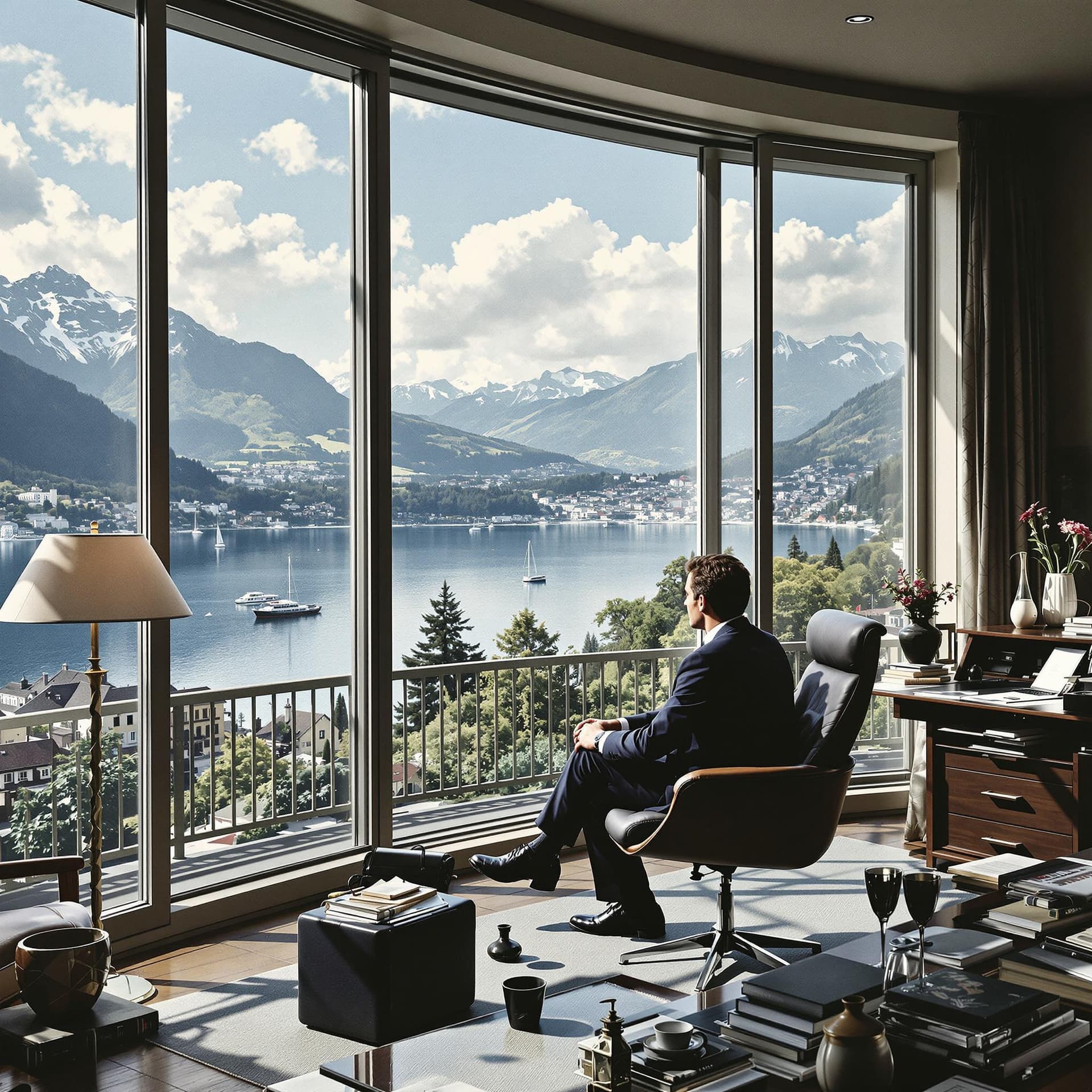 AI generated: An office of a Swiss executive in the early eighties, sitting at his desk with large windows overloo...
