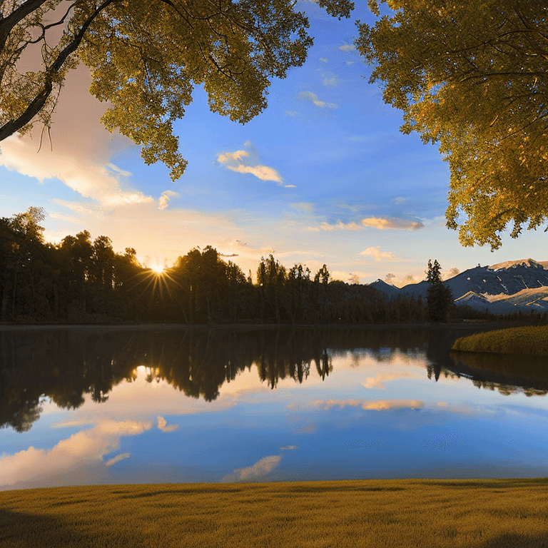 AI generated: photorealistic oil on canvas,
sparse clouds in a soaring sky, 
lake, beach, river, trees, 
beautiful...
