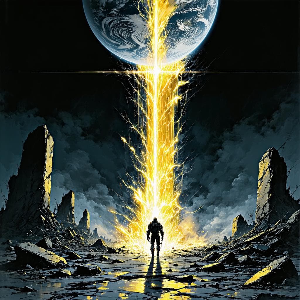 AI generated: Darkwave, synthwave,  epic music album cover. It portrays a close up of a floating very muscular per...
