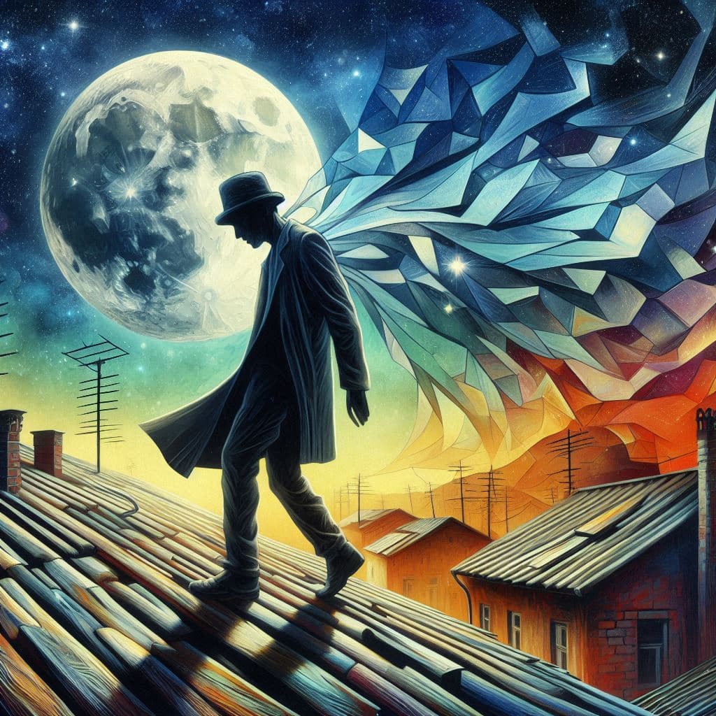 AI generated: A sleepwalker on the roof at full moon, in the style of cubism, surrealism fantasy