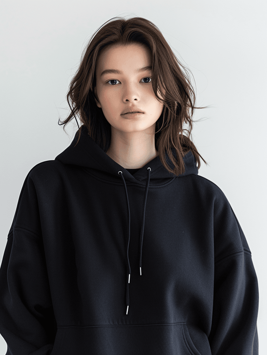 AI generated: disposable photography of beautiful fashion model, wearing navy hoodie, minimalism, modern, --ar 3:4