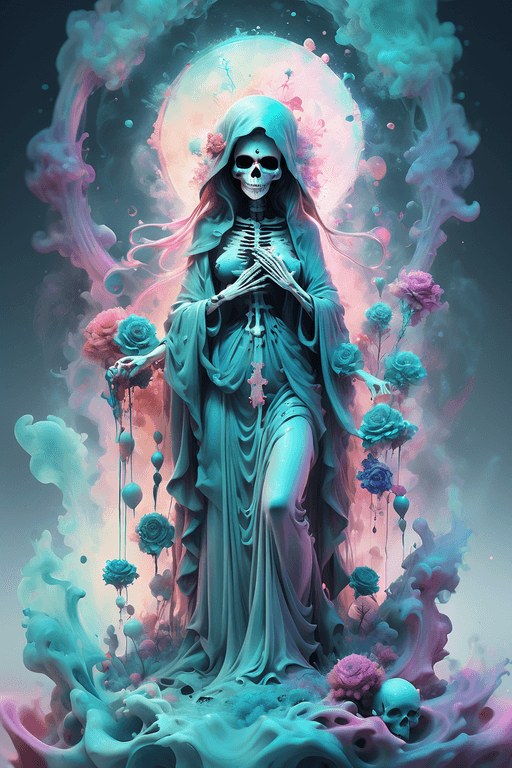 AI generated: Santa Muerte, best quality, digital painting, extremely smooth, fluid, 3d fractals, light particles,...