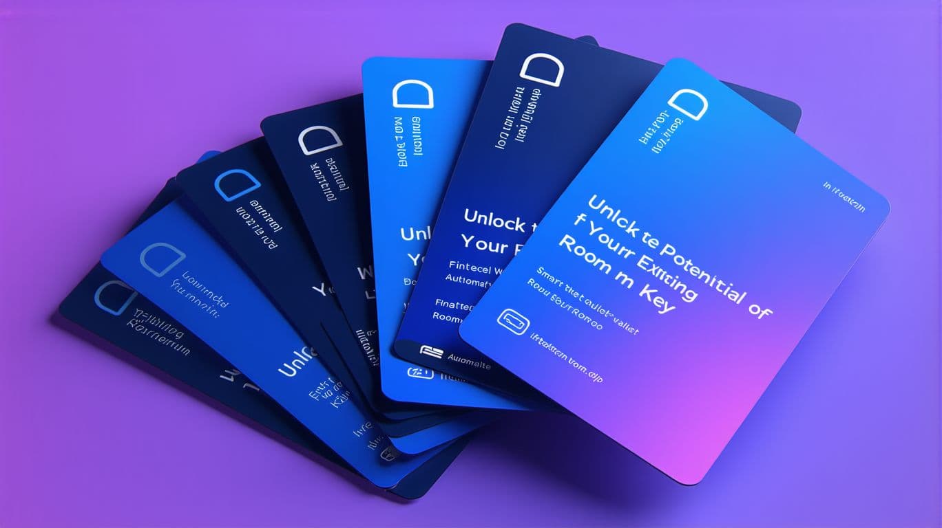 AI generated: A futuristic stack of digital key cards, neatly arranged in an angled fan-like layout. Each card has...