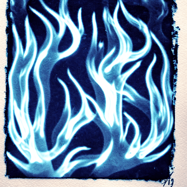 AI generated: cyanotype, Burn person, flames,

 

