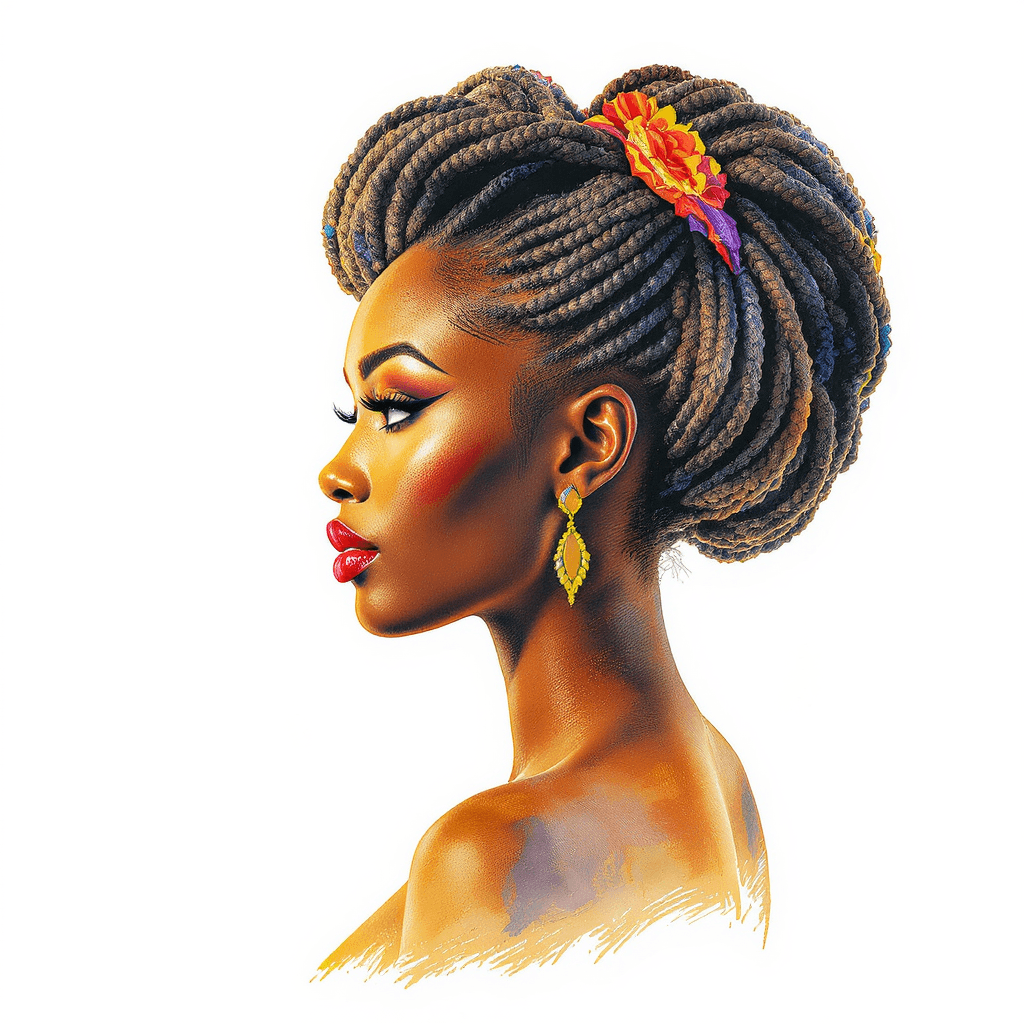AI generated: A vibrant chromolithograph-style portrait of a beautiful African woman shown in profile, her feature...