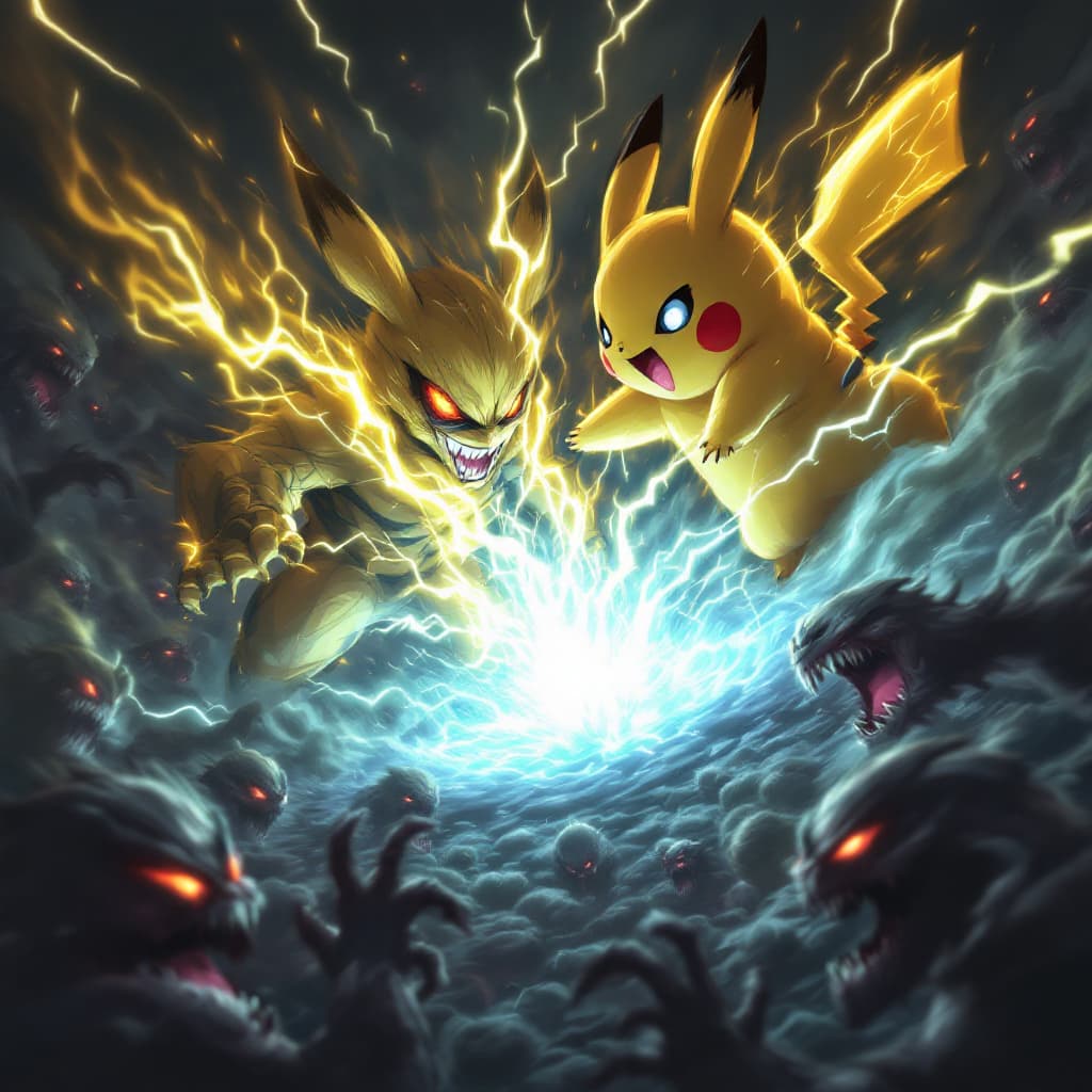 AI generated: Anime-style illustration of a fusion character combining Pochita and Pikachu, battling alongside eac...