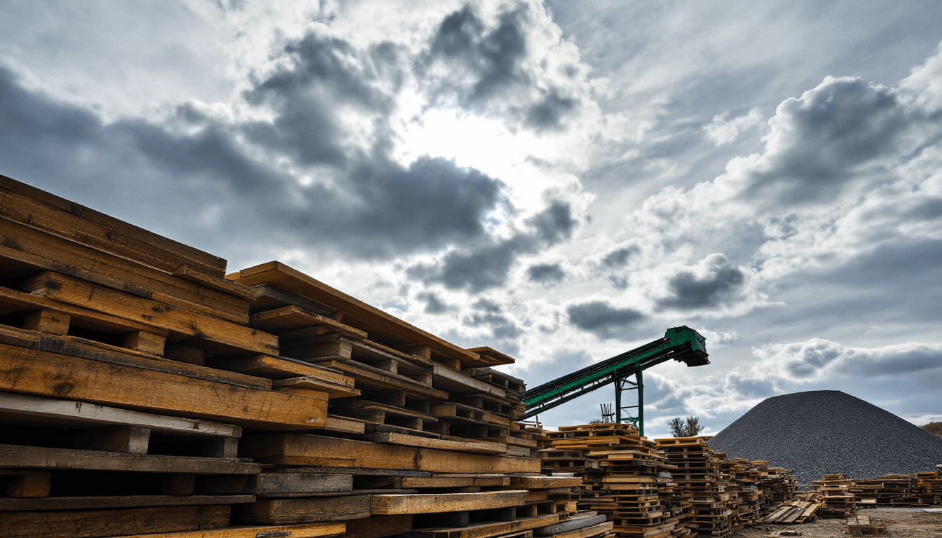 AI generated: Photograph of a construction site with a pile of wood planks and pallets, a green conveyor belt, and...