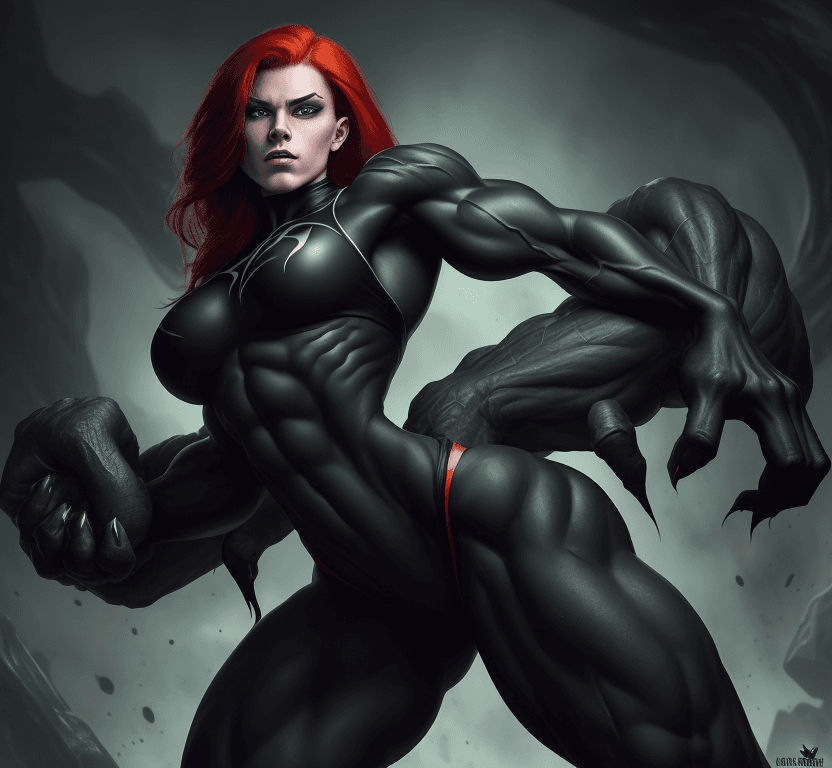 AI generated: 1 young beautiful bodybuilder woman with a wide strong jaw wearing a black monster symbiote, red hai...