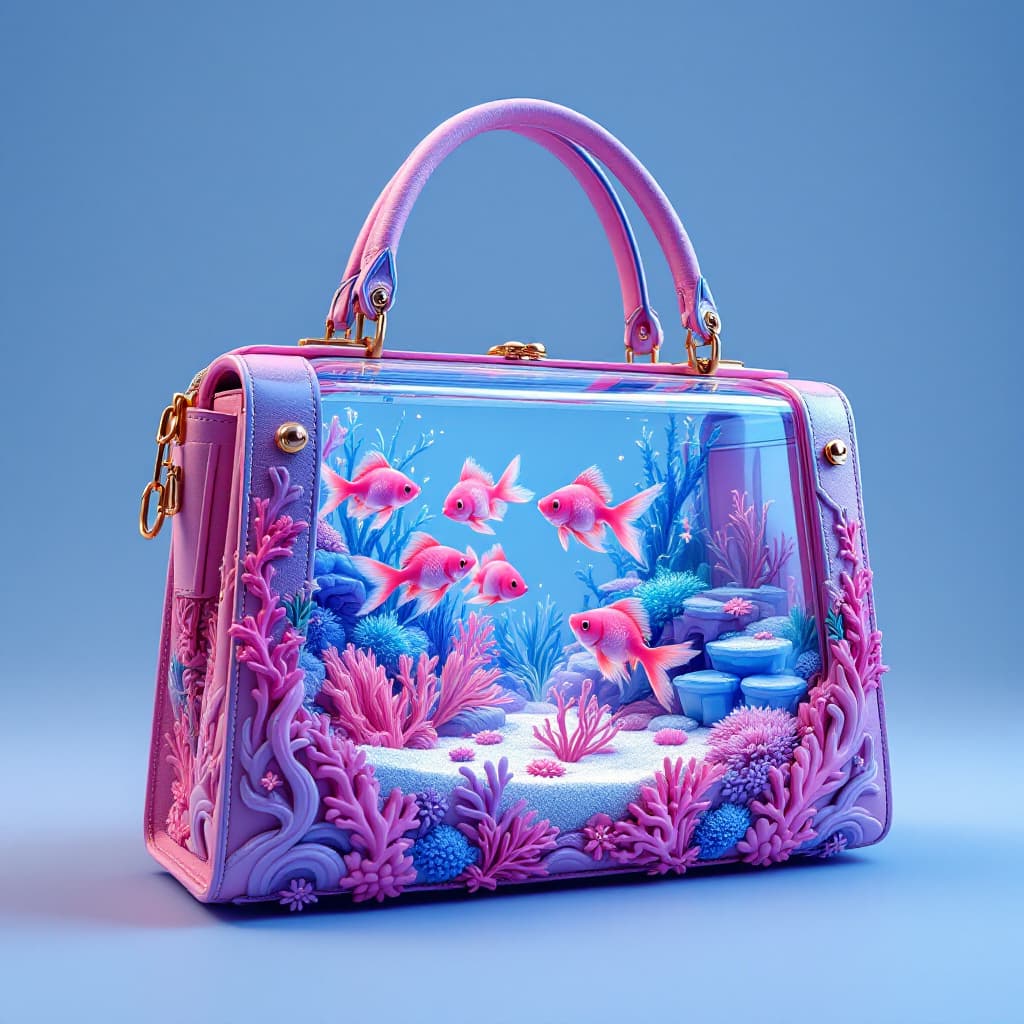 AI generated: A photorealistic designer handbag entirely in shades of pink blue, featuring a unique and imaginativ...
