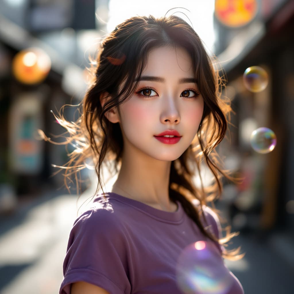 AI generated: Portrait photography, a beautiful Chinese woman wearing a purple T-shirt, with delicate skin, in an ...