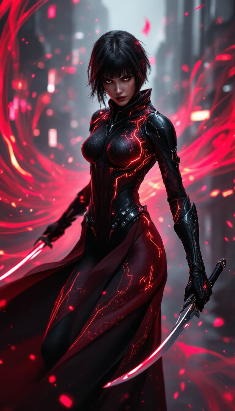 AI generated: An ultra-realistic, full-body action shot of a mesmerizing ruby rogue woman, exuding stealth and agi...