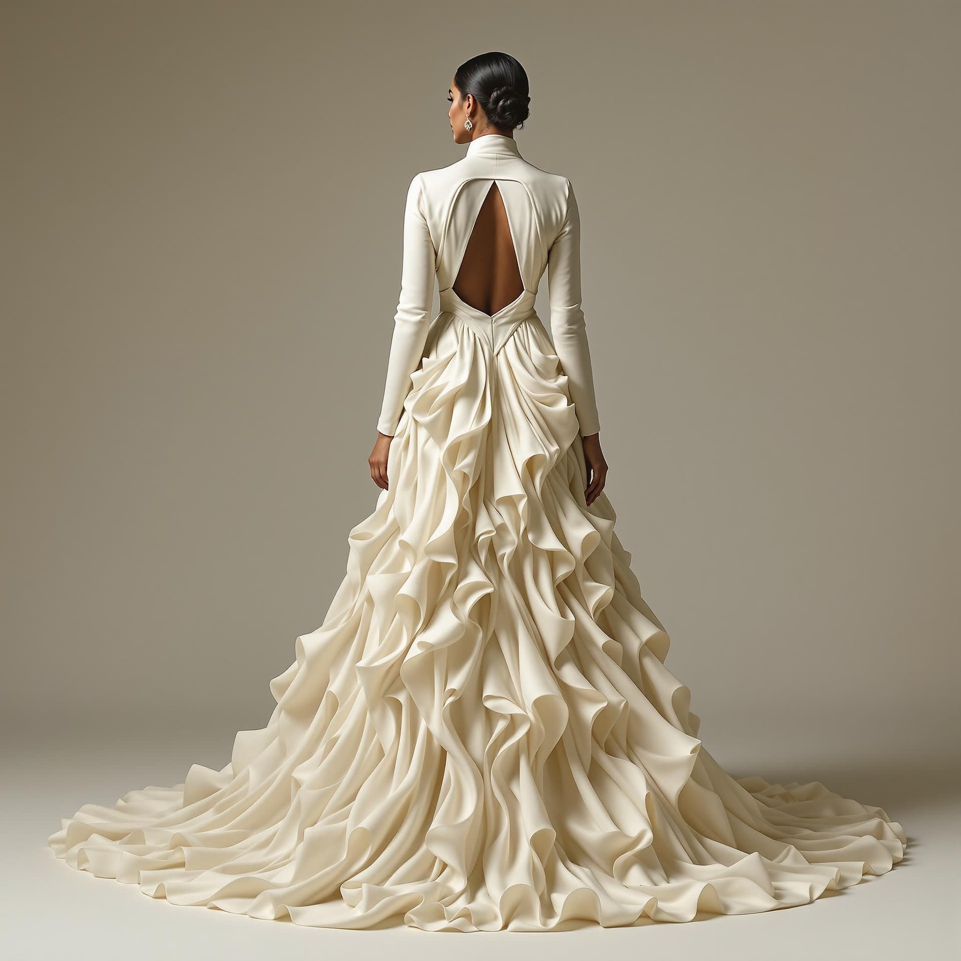 AI generated: The image is a full-length portrait of an Indian woman in a flowing cream dress. The dress features ...