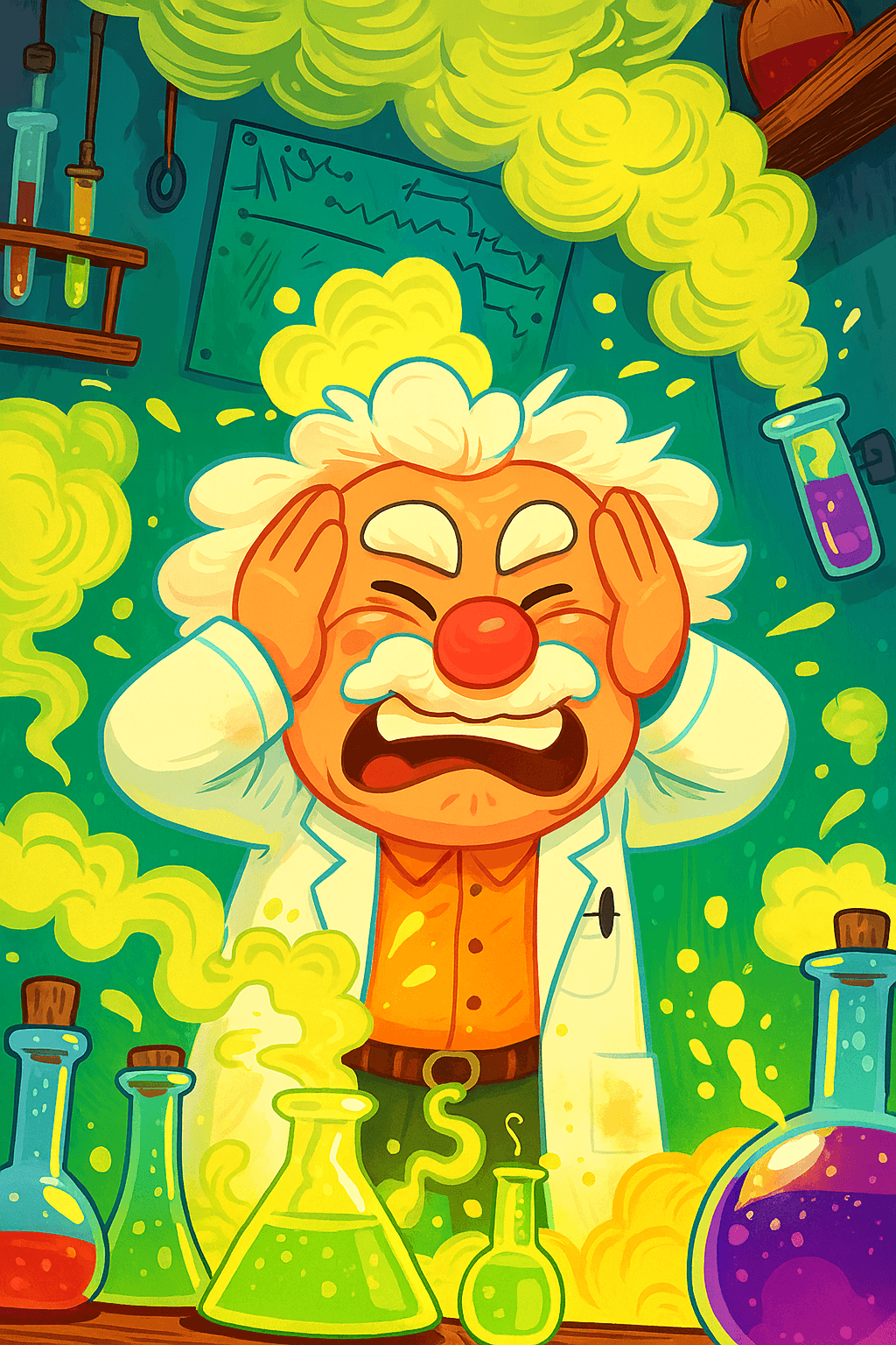 AI generated: Create a humorous and vividly colored illustration of a cute mad scientist in his laboratory. The sc...