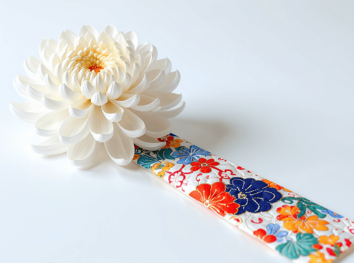 AI generated:  a work of art in glossy satin silk fabric, hyper realistic curly long ribbons, a white chrysanthemu...