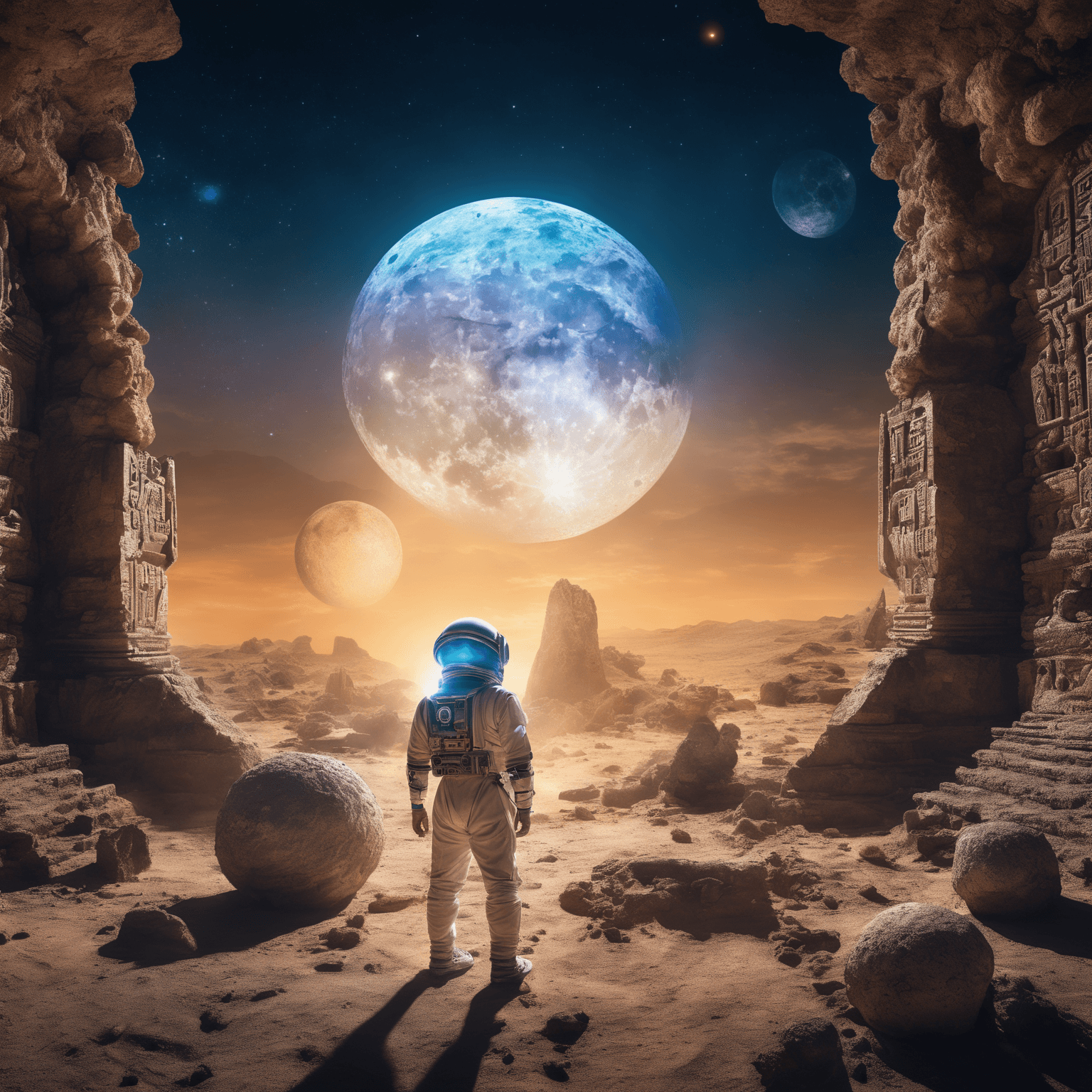 AI generated: A futuristic space archaeologist, aged 42, equipped with advanced archaeological tools, stands amids...