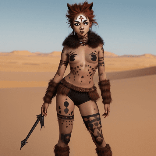 AI generated: full body of a cute warrior princess in a desert, with black face paint, dark red hair, brown big ey...