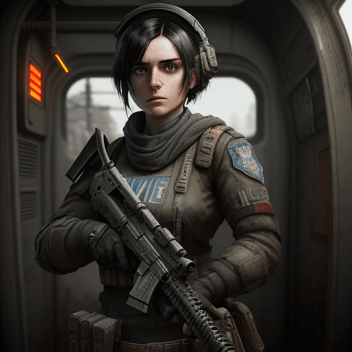 AI generated: Anna Miller from Metro Exodus, with Black Hair, Sith Eyes, wearing a tattered Enclave Officer Unifor...