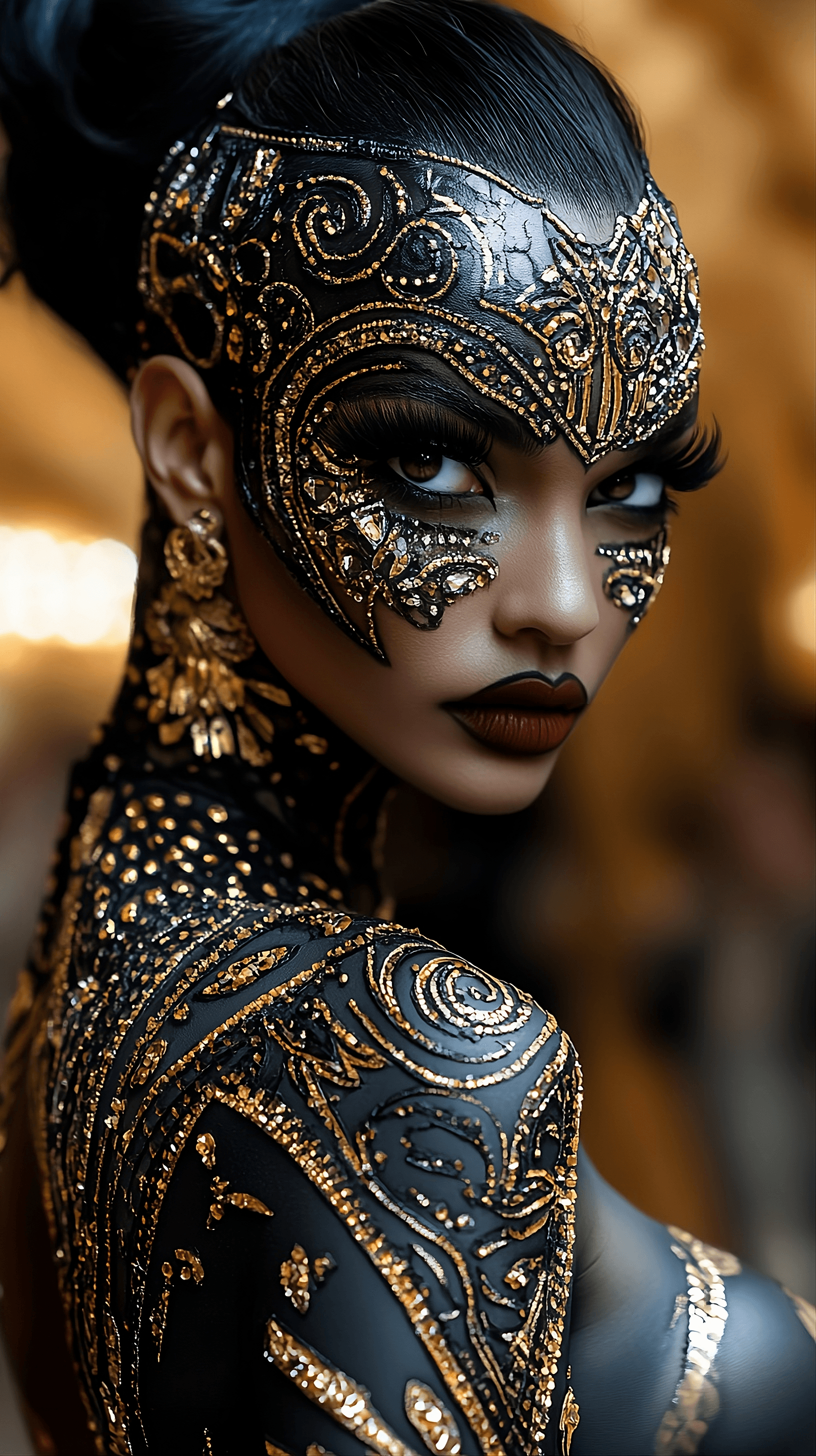 AI generated: A close-up portrait of a woman with dark skin, wearing an elaborate black and gold face mask and mat...