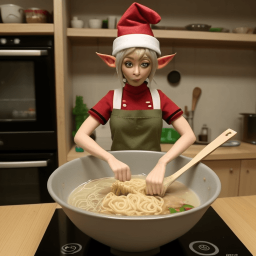 AI generated: Dobbie the elf cooking ramen in the set of "Soñe que volaba" from the youtube channel OLGA 