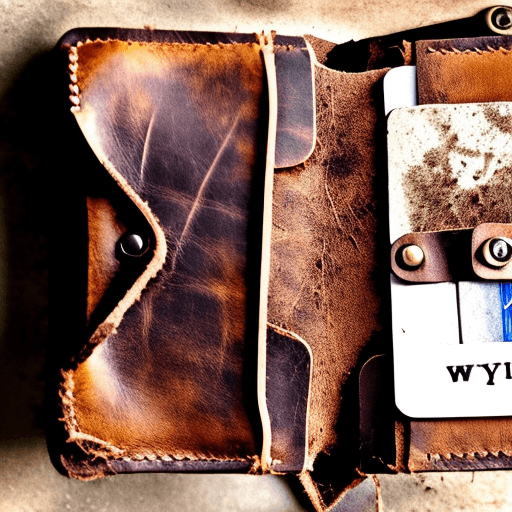 AI generated: An abandoned leather wallet,  opened, showing its empty inside pockets. A dry leaf rests on top. Sty...