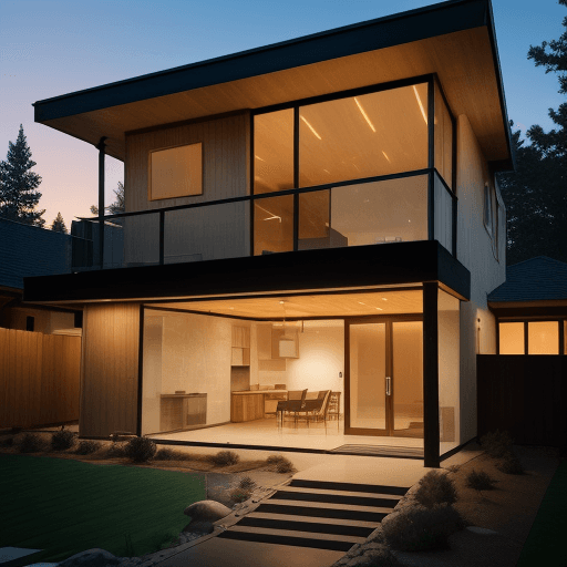 AI generated: create an image of a simple modern home in the style of mid century modern architecture. floor to ce...