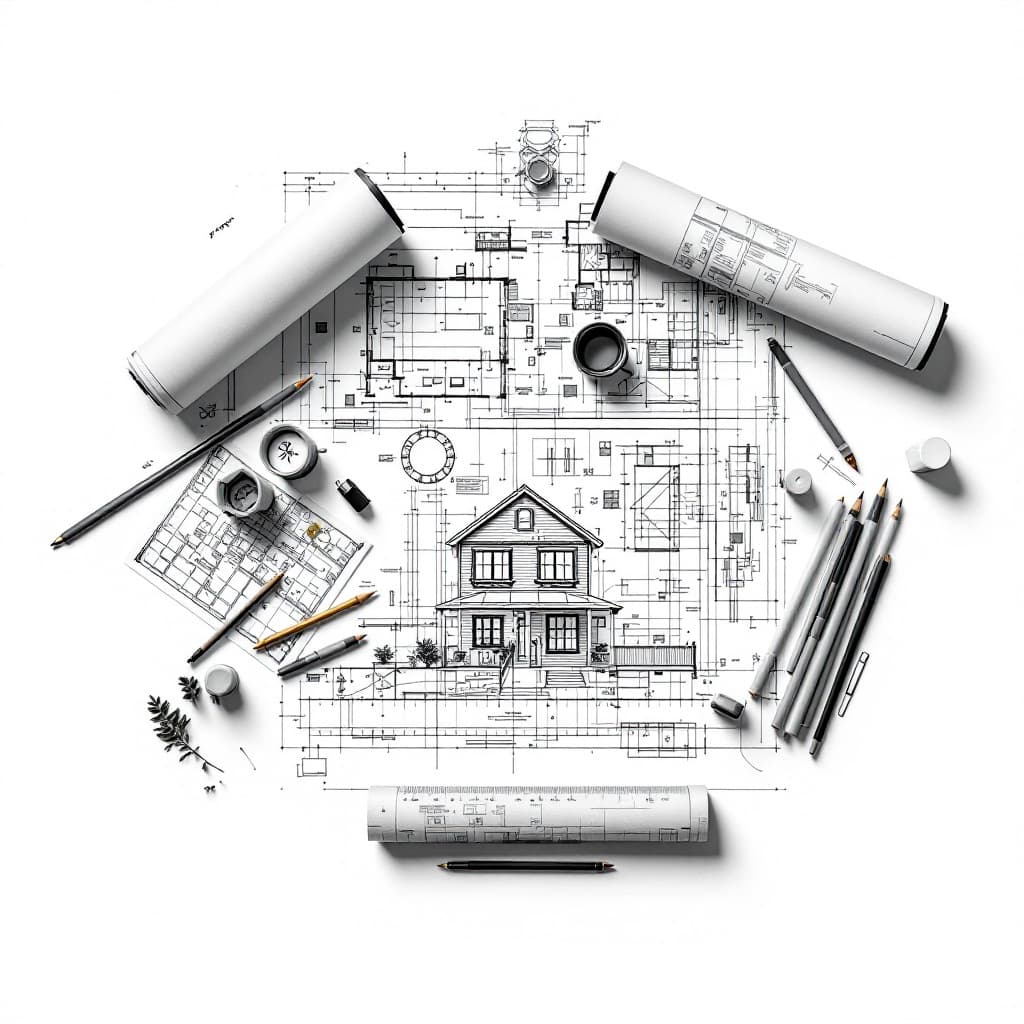 AI generated: “A high-resolution flat lay of architectural blueprints spread out on a drafting table, precise line...
